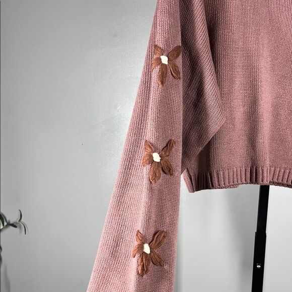 Altar'd State Pink Crew Neck Sweater with Flower Sleeves - Picture 3 of 8